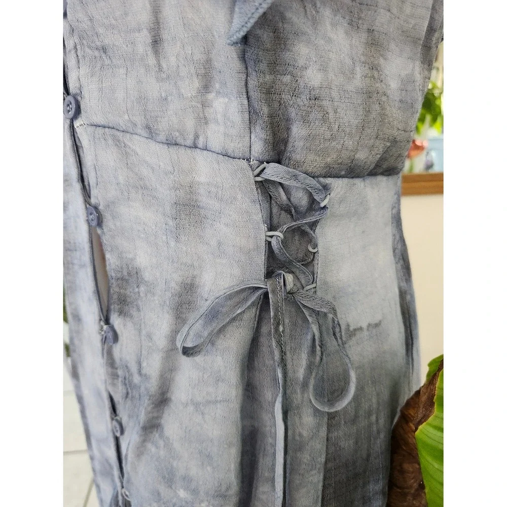 Women's Blue Button-Front‎ Midi Dress with Ruffle Sleeves